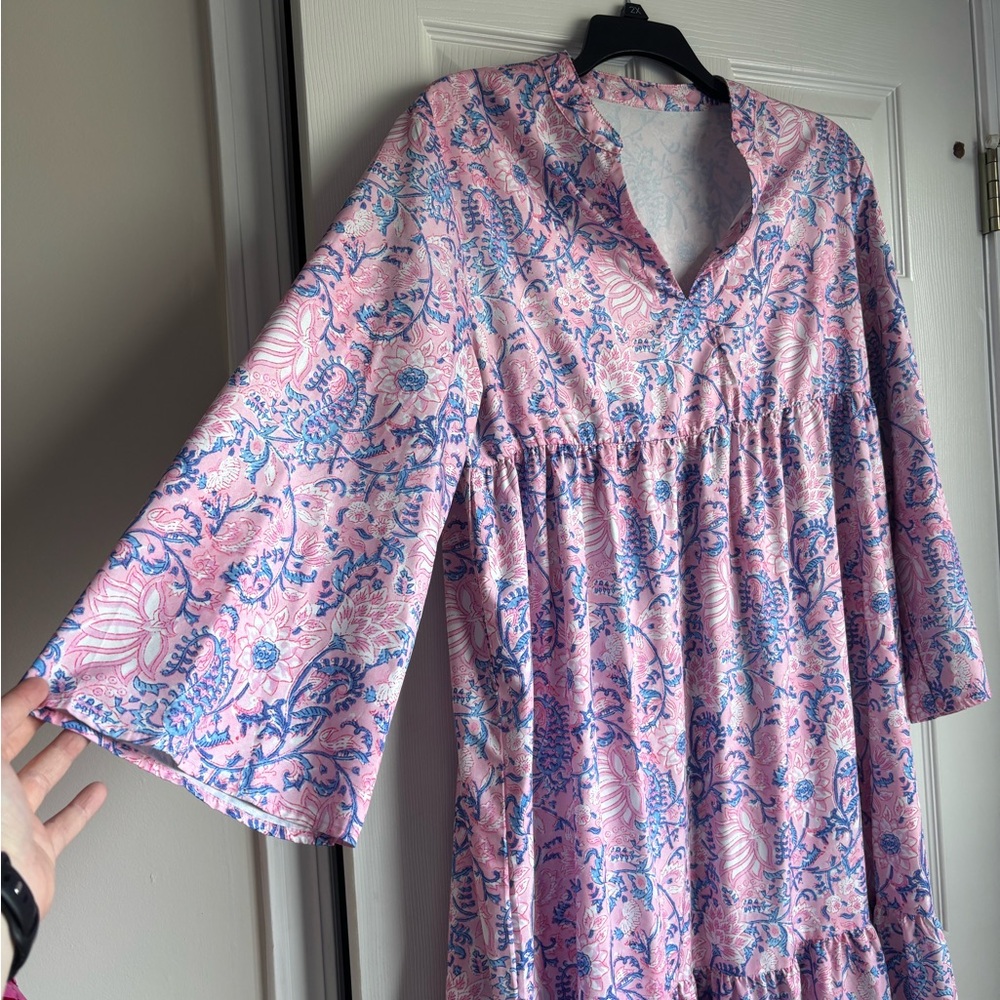 Floral Pink and Blue Women's Dress - Picture 2 of 3
